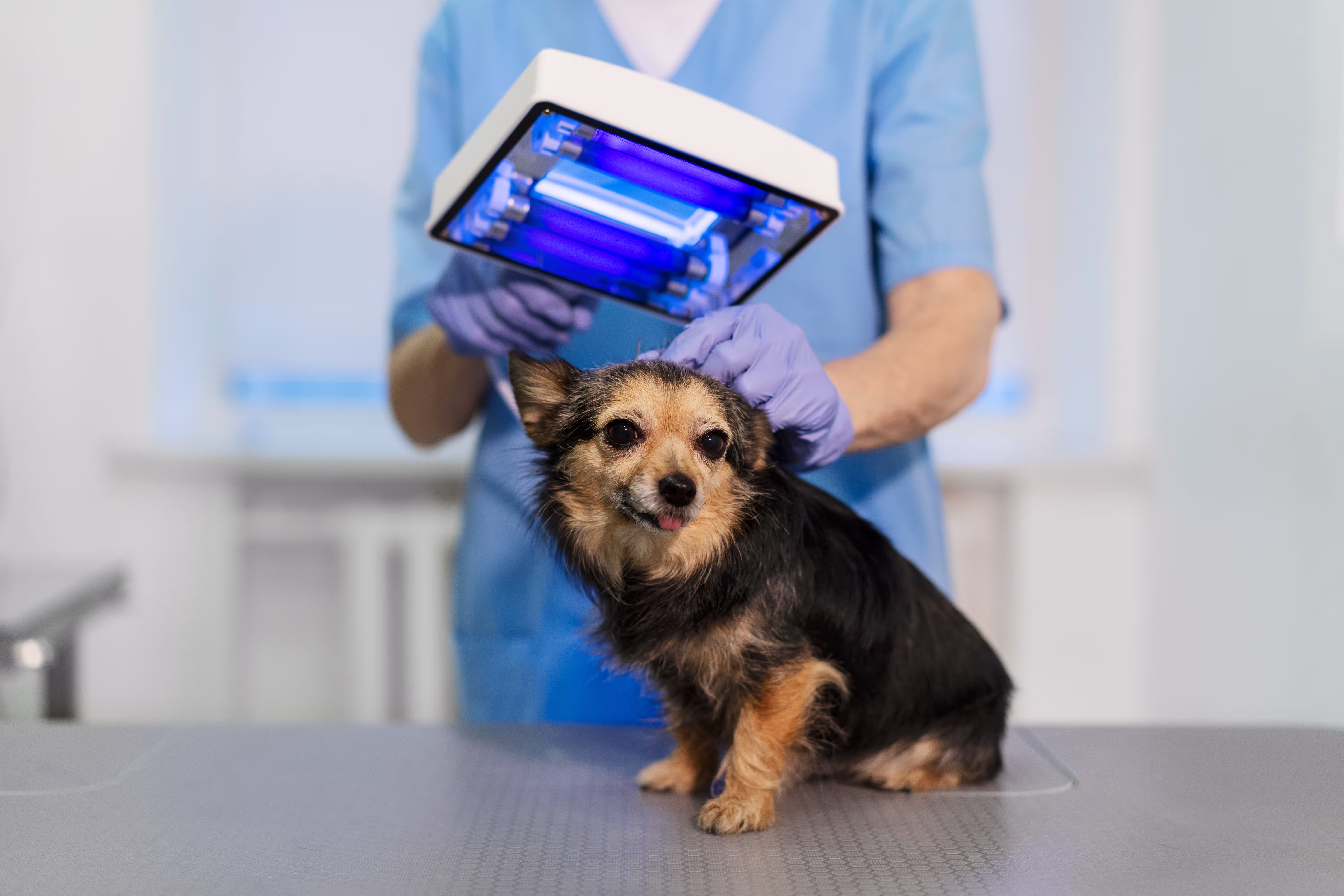 Veterinary doctor caring for a dog in a modern clinic